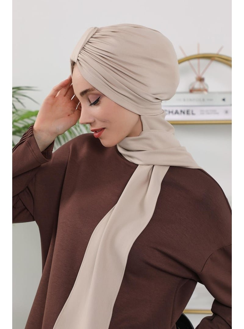 Aisha`s Design 80o Bej Dört Mevsim Kullanıma Uygun Fularlı Bone Türban,b