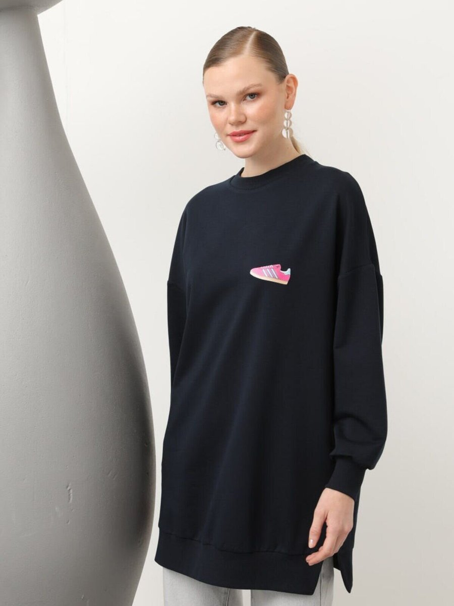 Puane Lacivert İki İplik Kumaş Ayakkabı Baskılı Sweatshirt