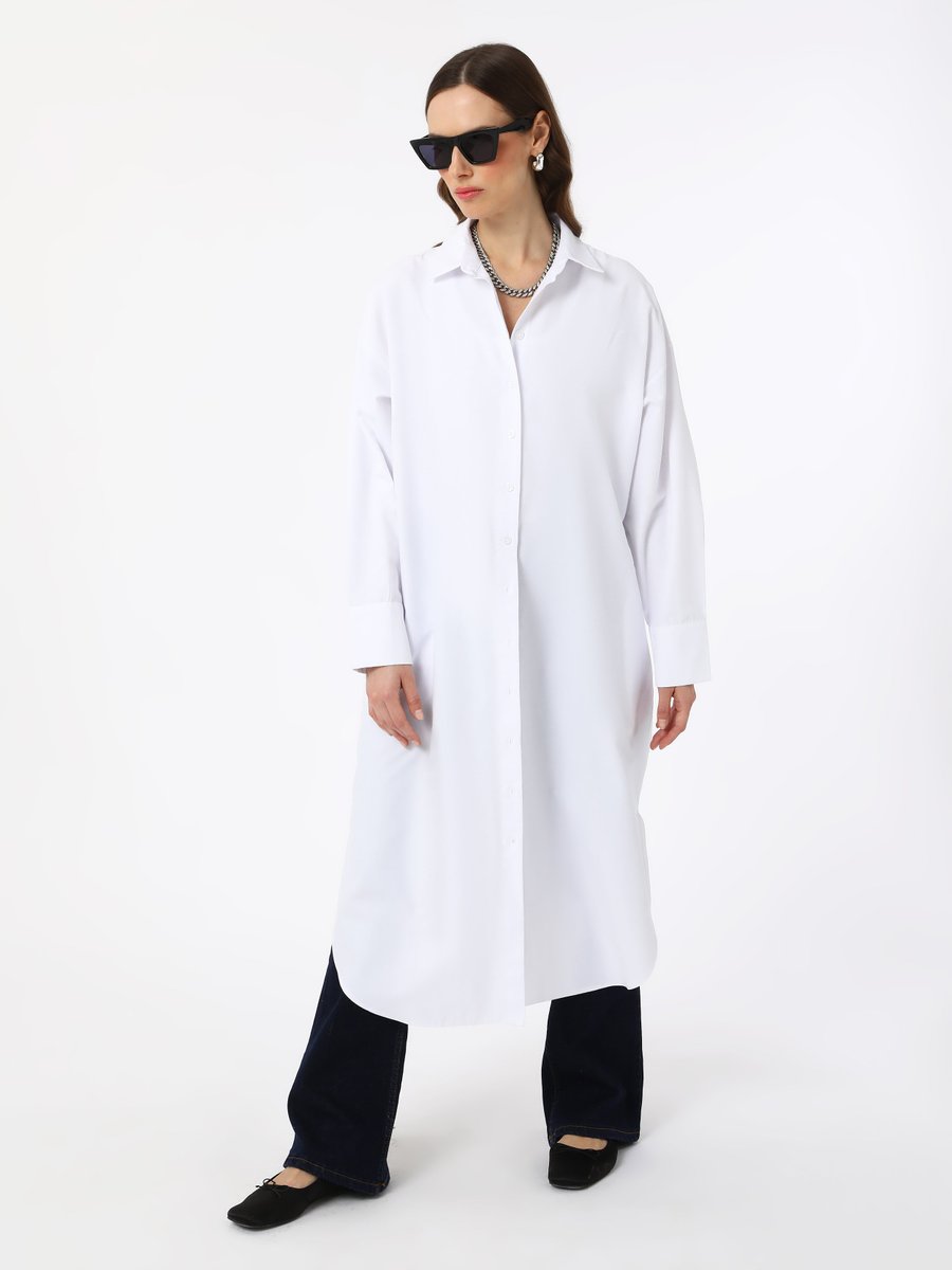 Benin Beyaz Pamuklu Poplin Oversize Gömlek Tunik