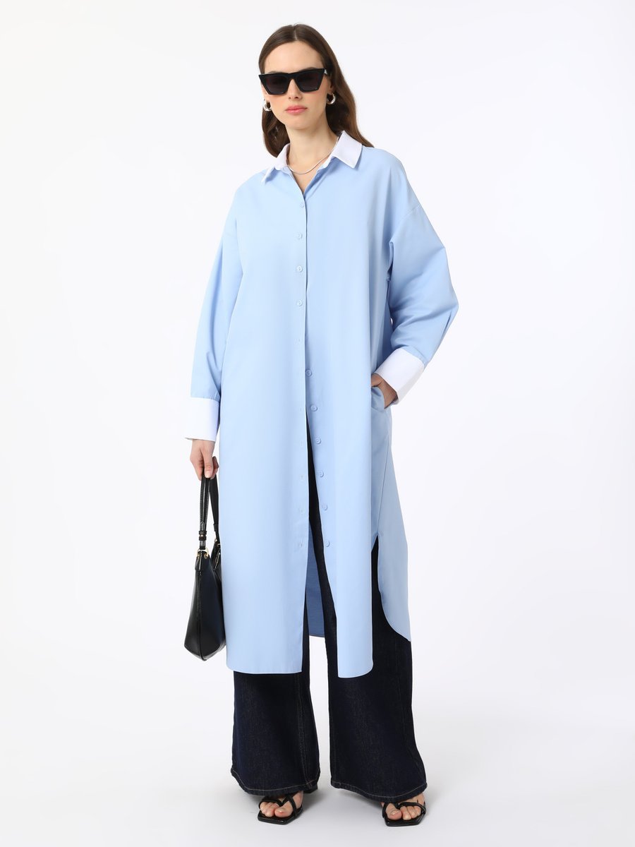 Benin Mavi Pamuklu Poplin Oversize Gömlek Tunik