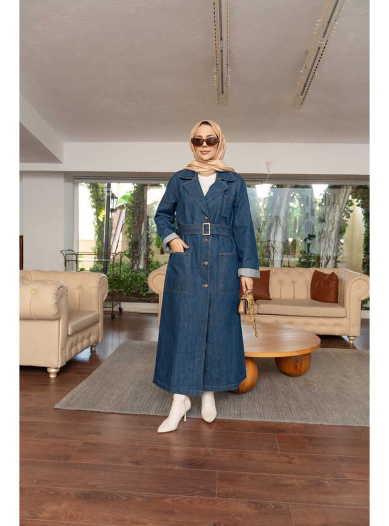 Neways Koyu Mavi Kuşaklı Denim Ceket