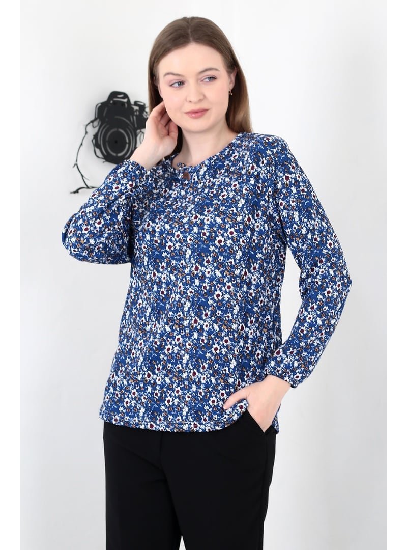 Pelsu Moda Mavi Çiçek Desen Bağcıklı Yaka Bürümcük