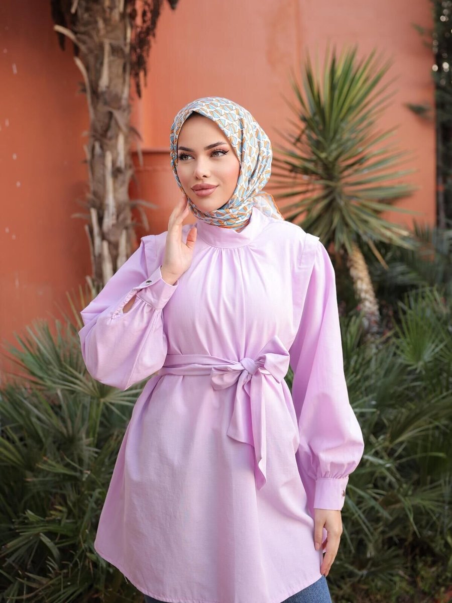 Nergis Neva Butik Lila Ön Ve Kol Ucu Büzgülü Kemerli Tunik