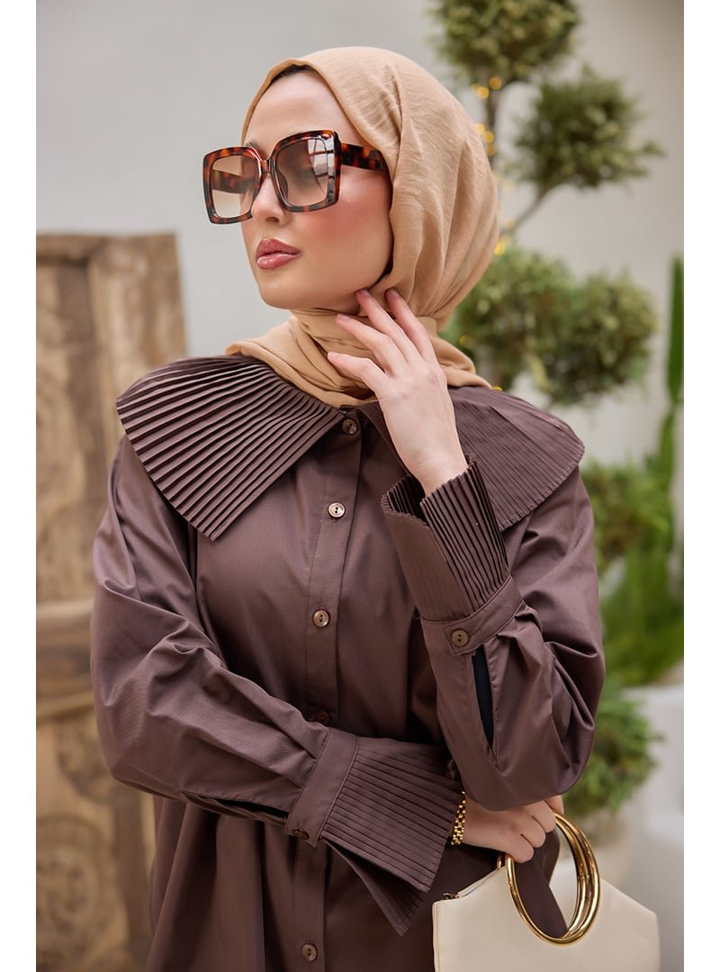 Locco Moda Kahverengi Yaka Ve Kol Pilise Detaylı Gömlek