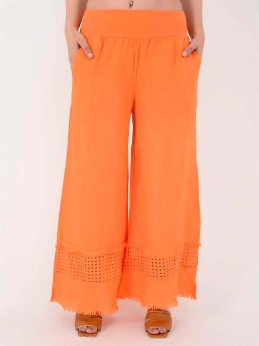 EREN STYLE Oranj İtalyan Fisto Paça Detaylı Keten Pantolon
