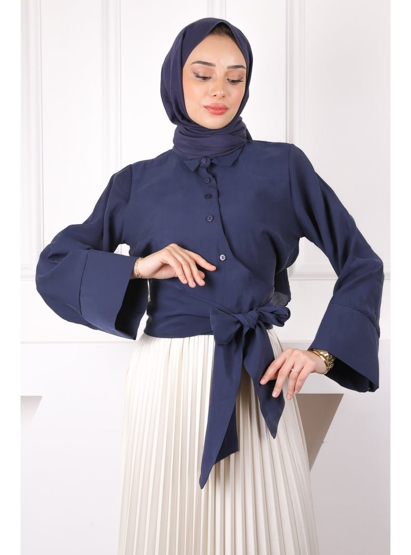 İmaj Butik Lacivert Bel Bağlamalı Crop Gömlek
