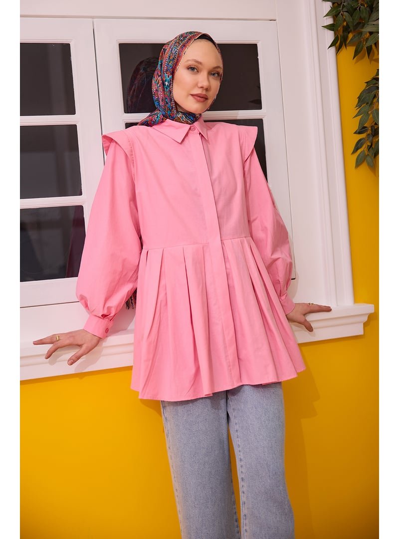 Locco Moda Pembe Eteği Pile Detaylı Gömlek