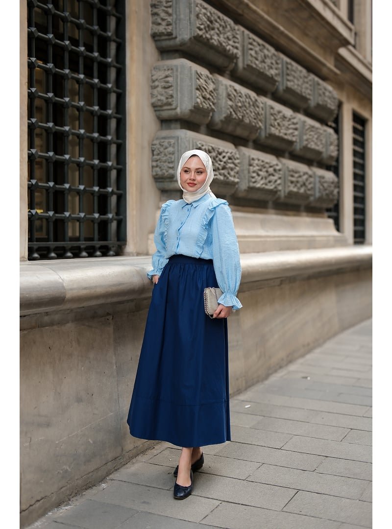Locco Moda Lacivert Beli Lastikli Poplin Etek