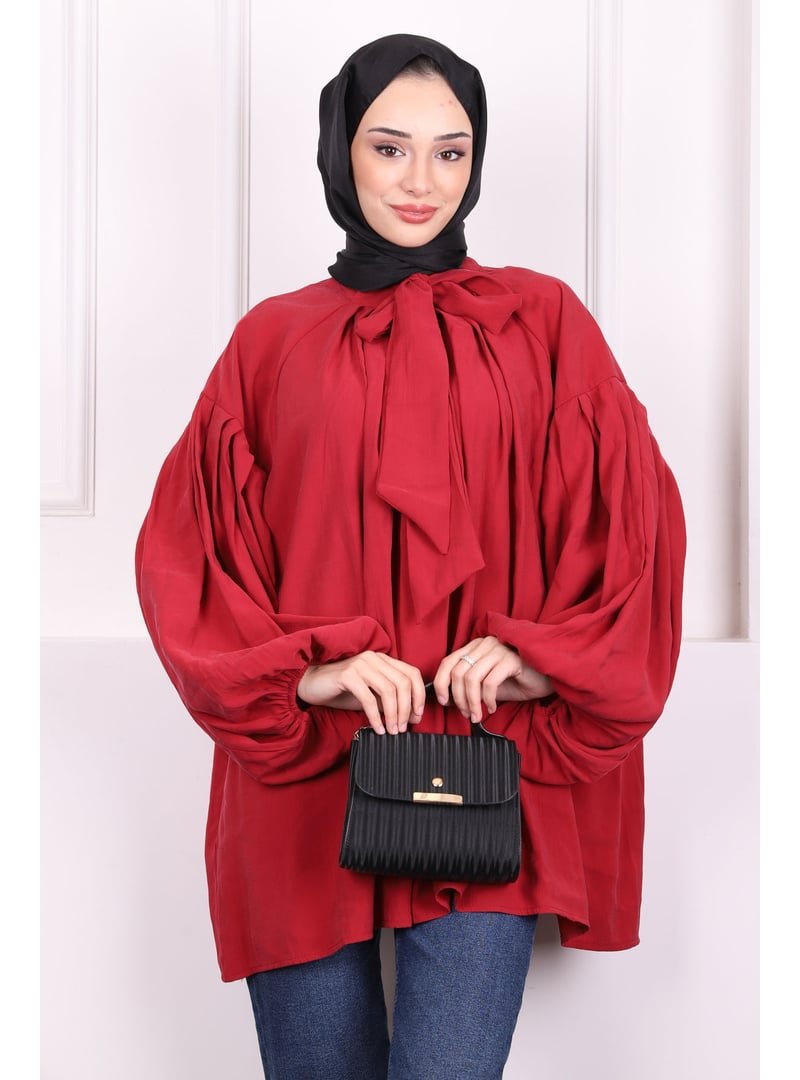 İmaj Butik Bordo Yaka Bağlamalı Balon Kol Tunik