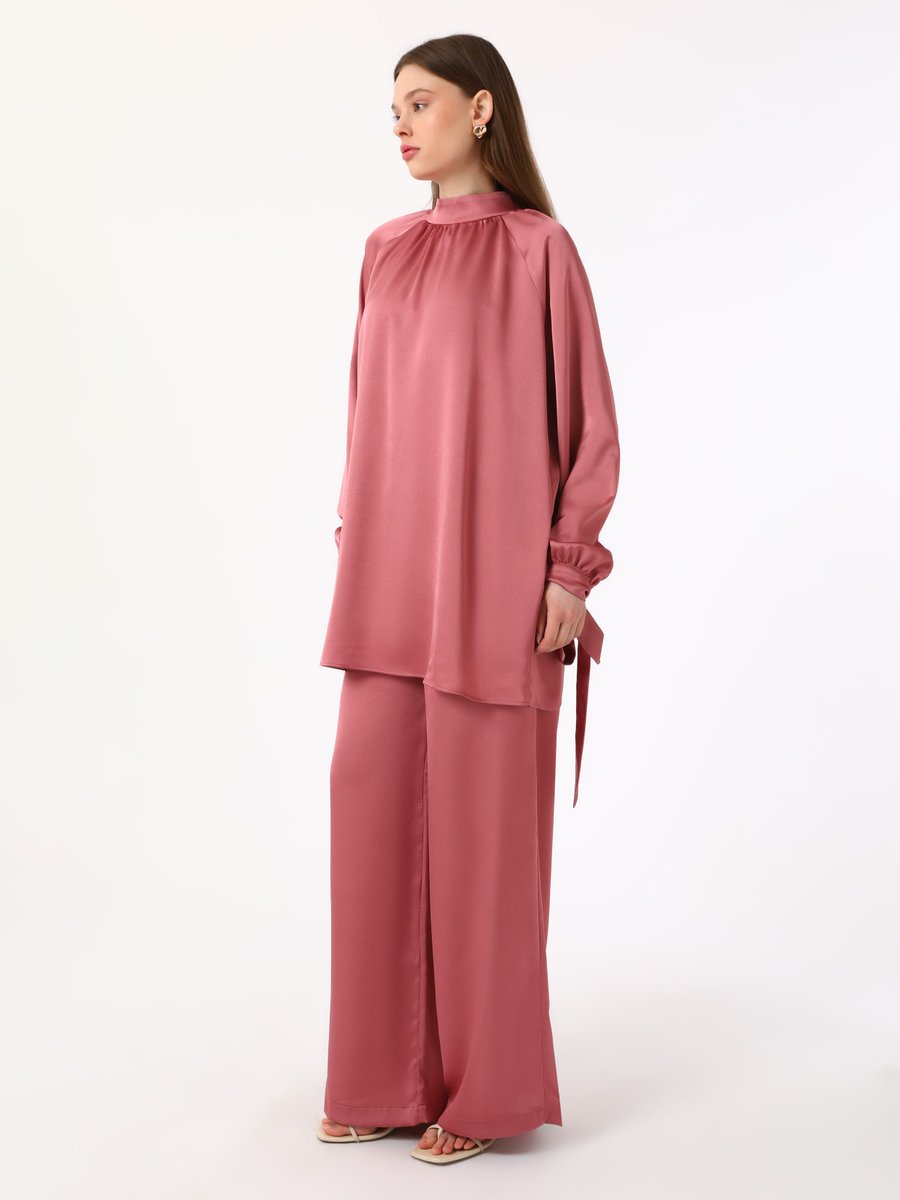 Refka Koyu Gül Saten Bağlama Detaylı Tunik & Pantolon İkili Takım