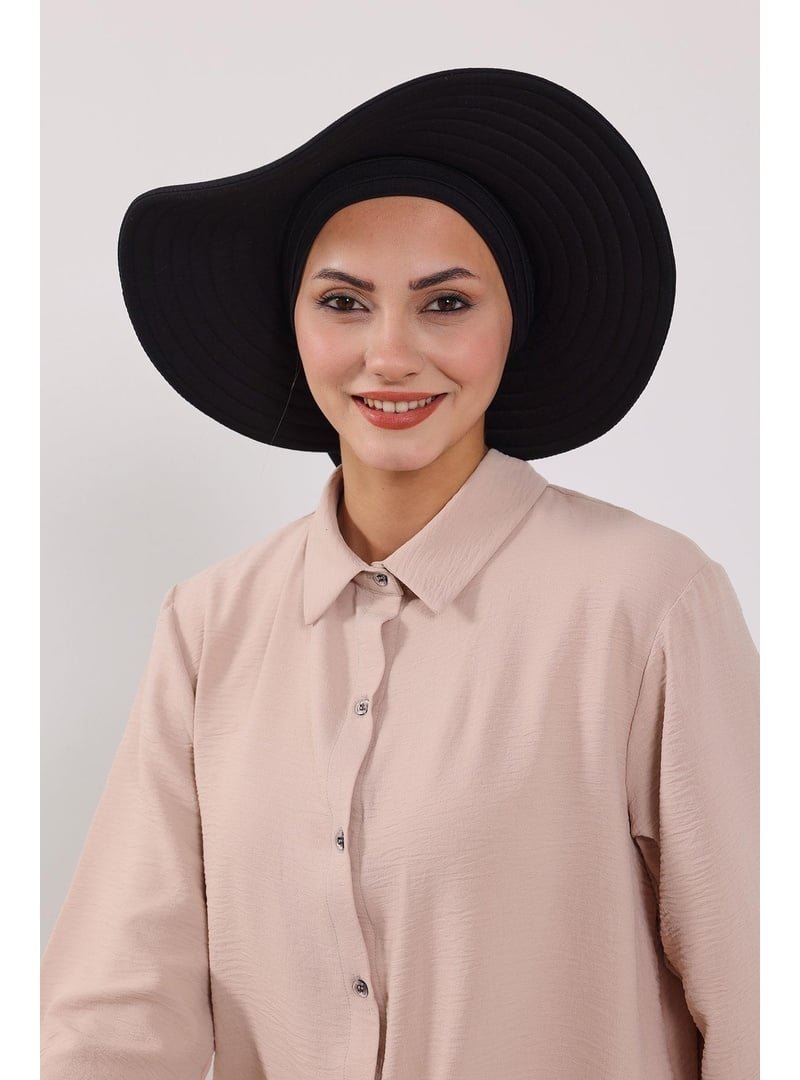 Aisha`s Design Siyah Çıkarılabilir Arkası Fiyonklu Şapkalı Penye Bone Türban,s