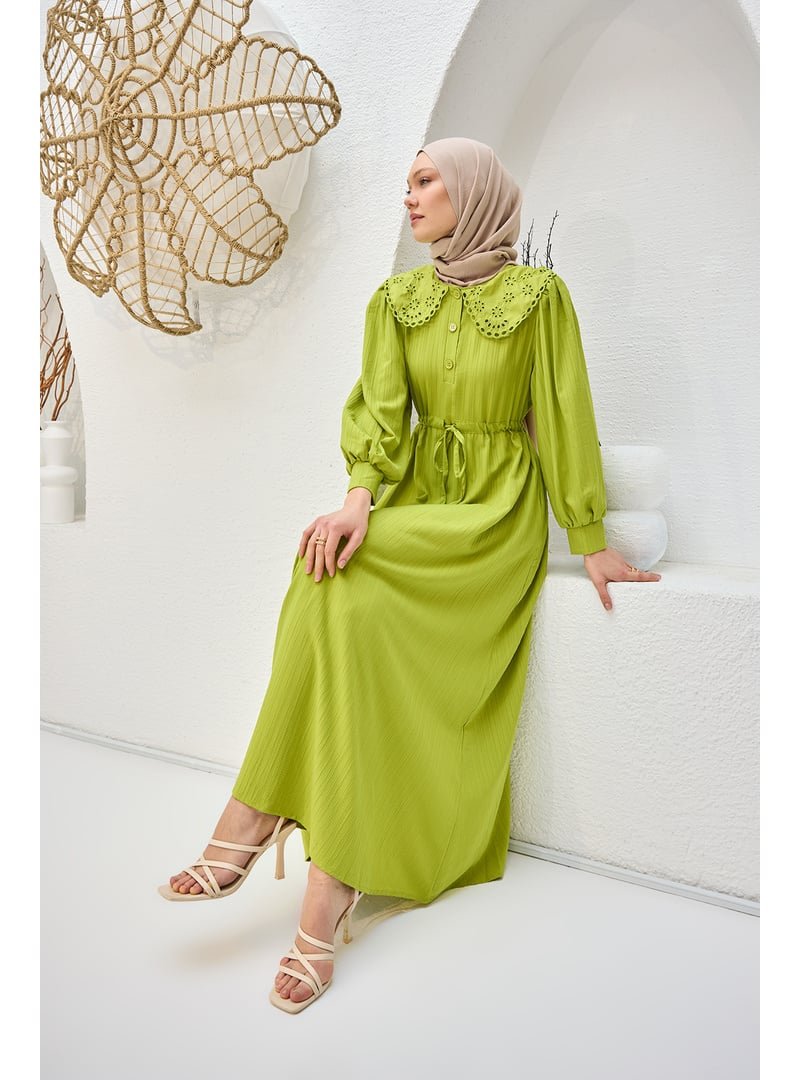 Locco Moda Yeşil Bebe Yaka Dantel Detaylı Elbıse