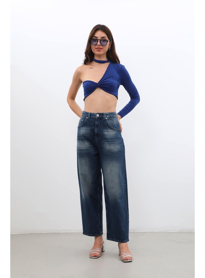 Markapia Lacivert Yüksek Bel Skater Fit Jean Pantolon