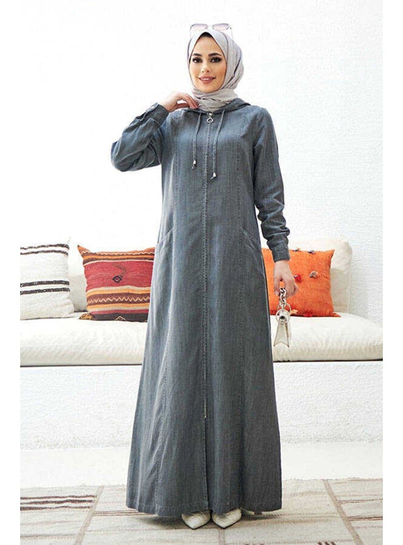 Neways Gri Denim Kapüşonlu Ferace