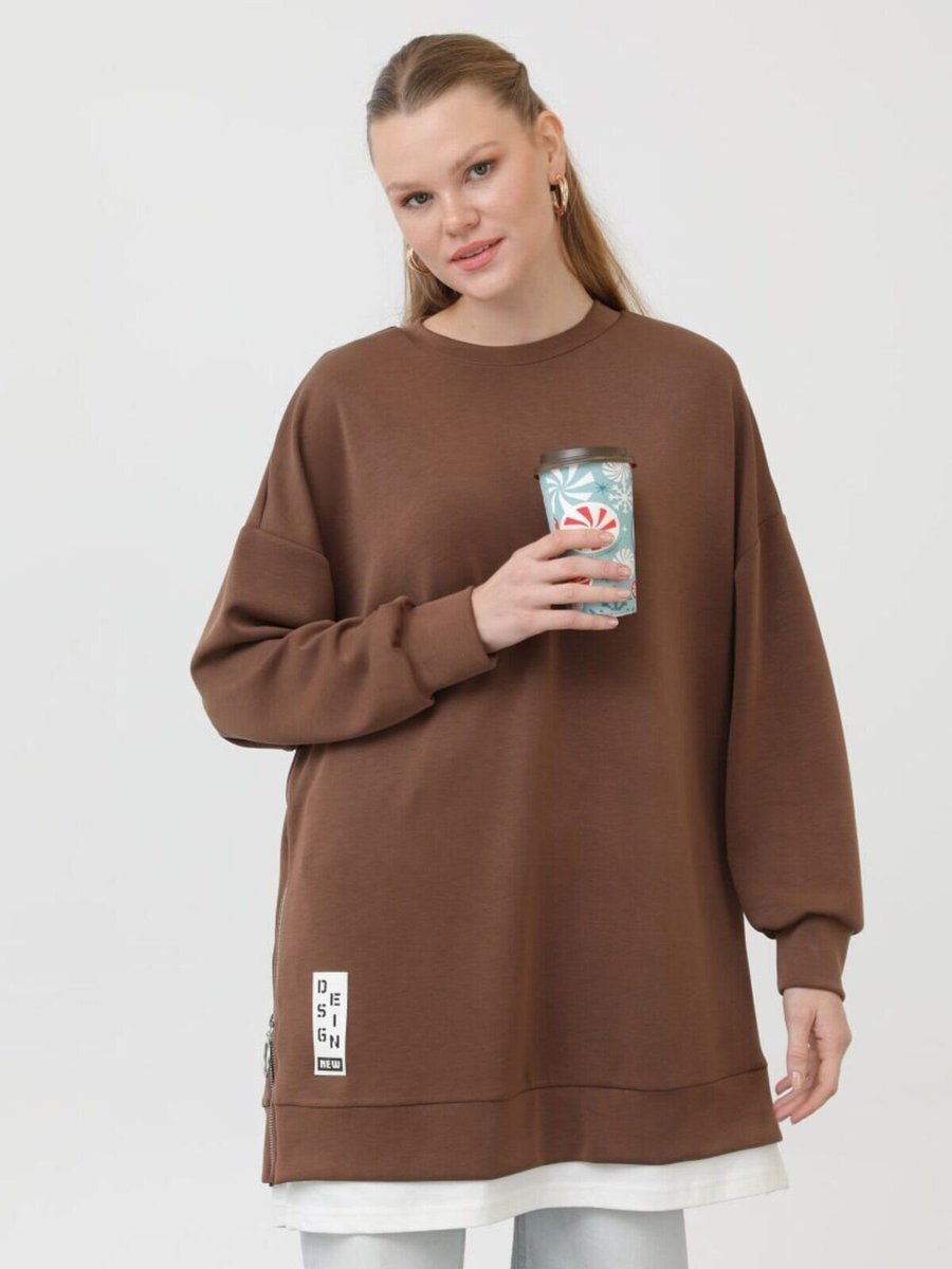 Puane Kahverengi Modal Kumaş Arma Ve Fermuar Detaylı Sweatshirt