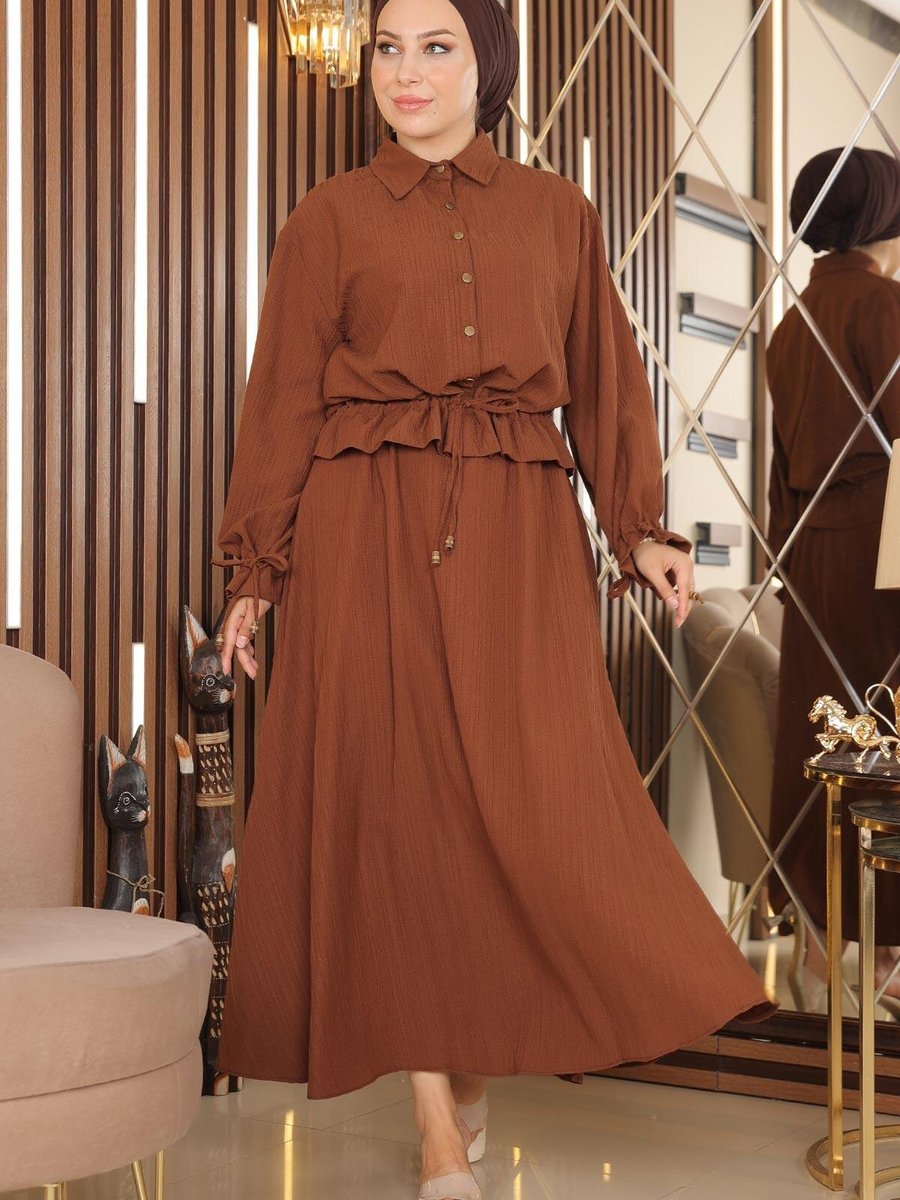 Modamihram Kahverengi Gömlek Etek Takım Modamihram Kahverengi Gömlek Etek Takım