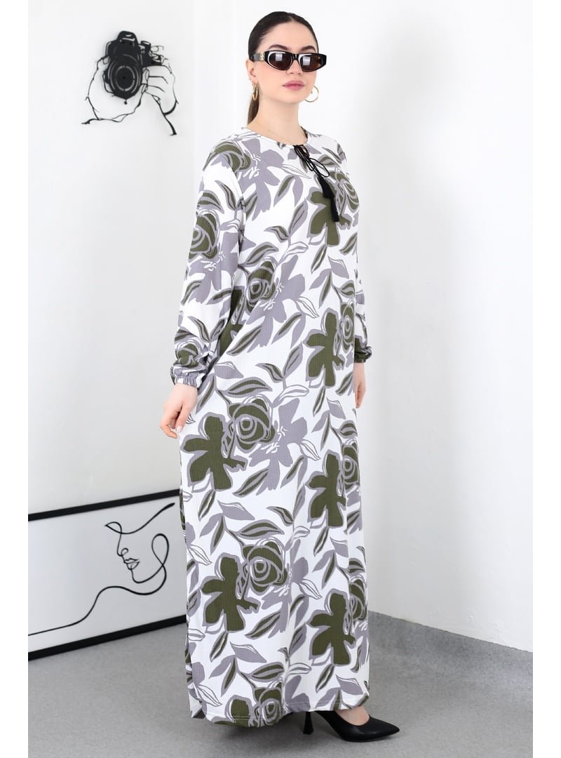 Pelsu Moda Haki Gül Desenli Püskullü Battal Elbise
