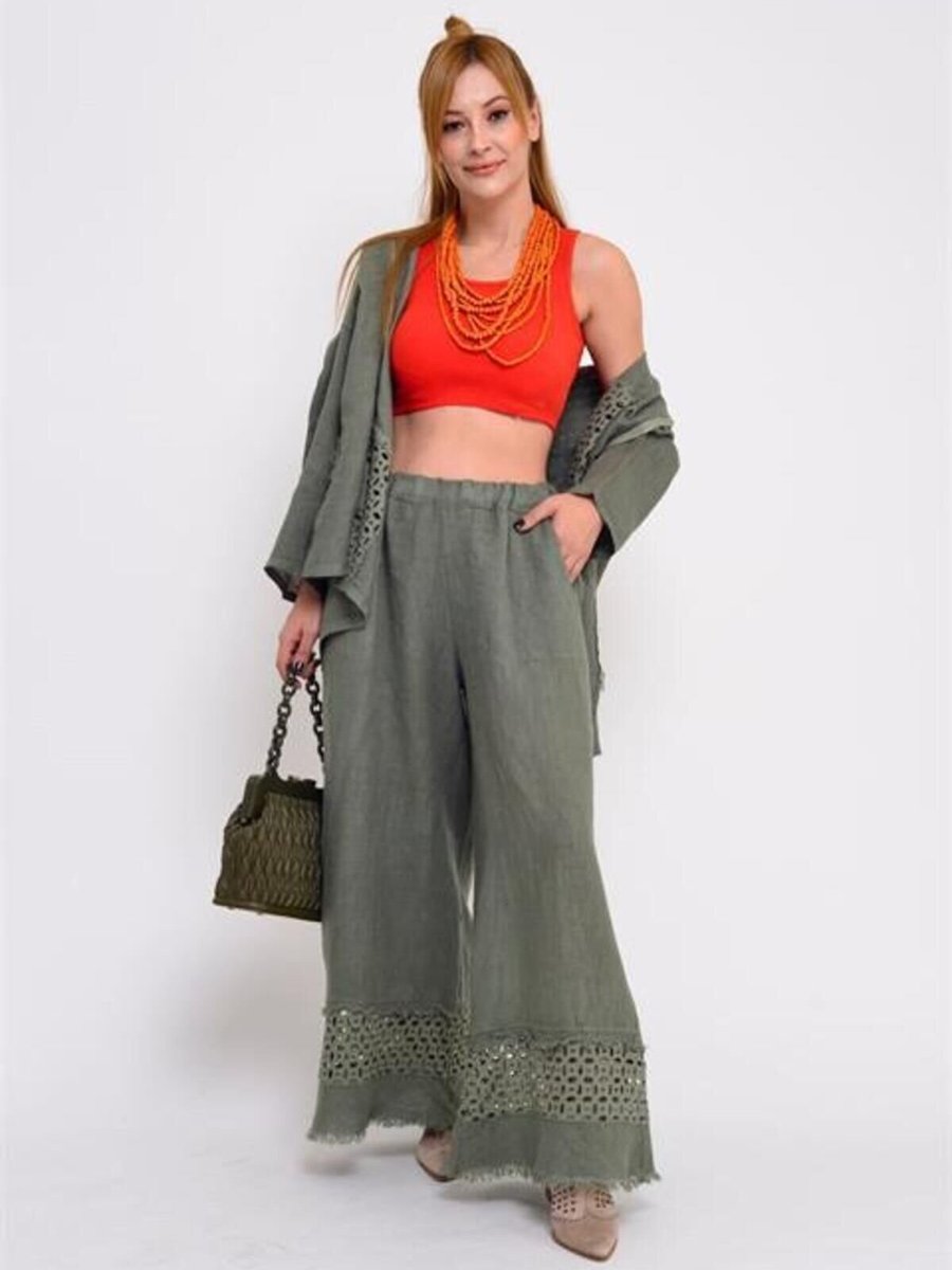EREN STYLE Haki İtalyan Fisto Paça Detaylı Keten Pantolon