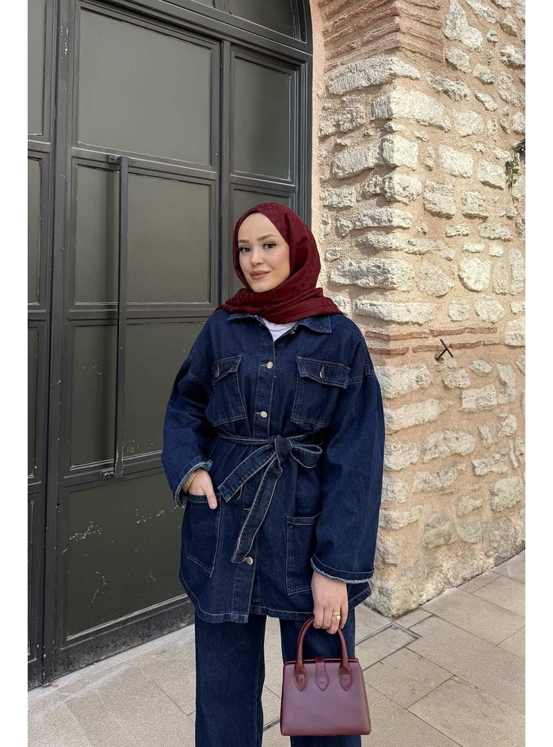 Melike Tatar Mavi Kuşaklı Cepli Denim Takım