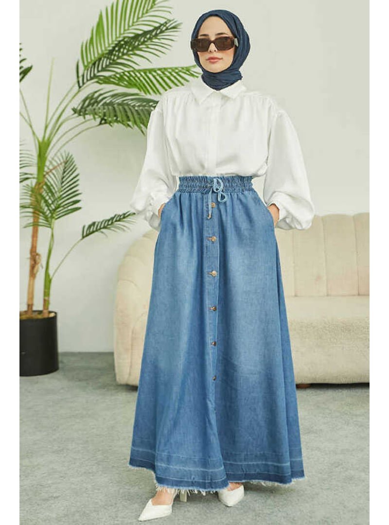 Neways Mavi Denim Mevlana Düğmeli Etek