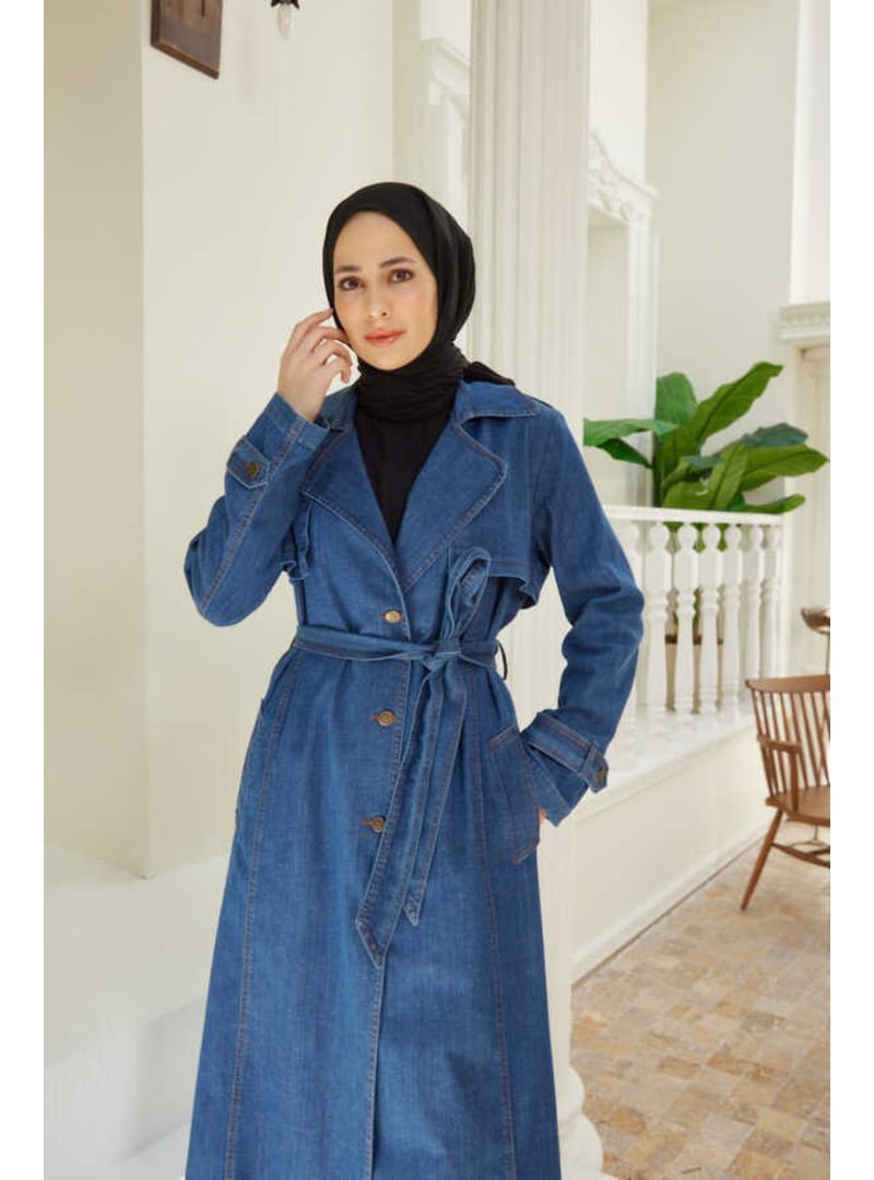 Neways Koyu Mavi Battal Allerli Denim Trençkot