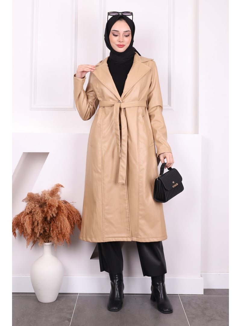 İmaj Butik Camel Bel Kuşaklı Deri Trençkot