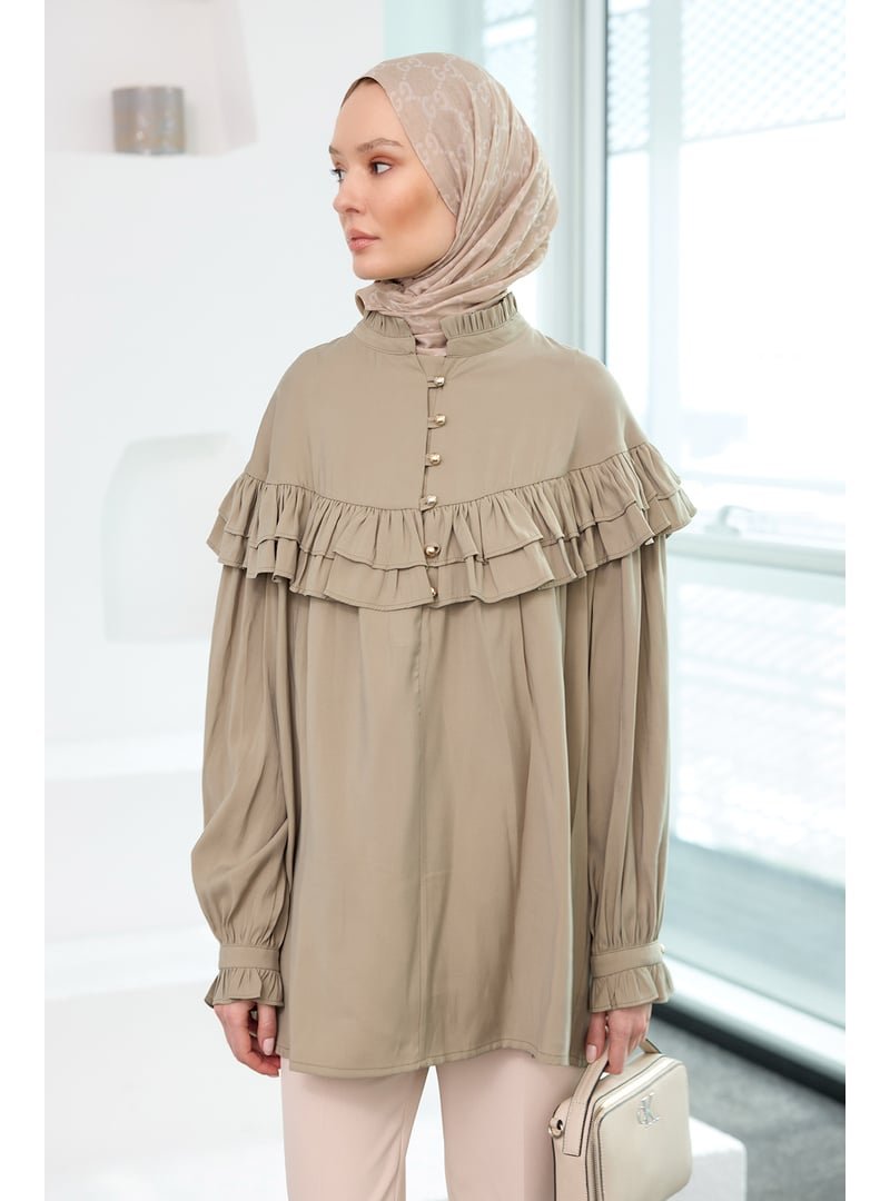 Locco Moda Robası Fırfırlı Cupra Tencel Gömlek Küf Yeşil