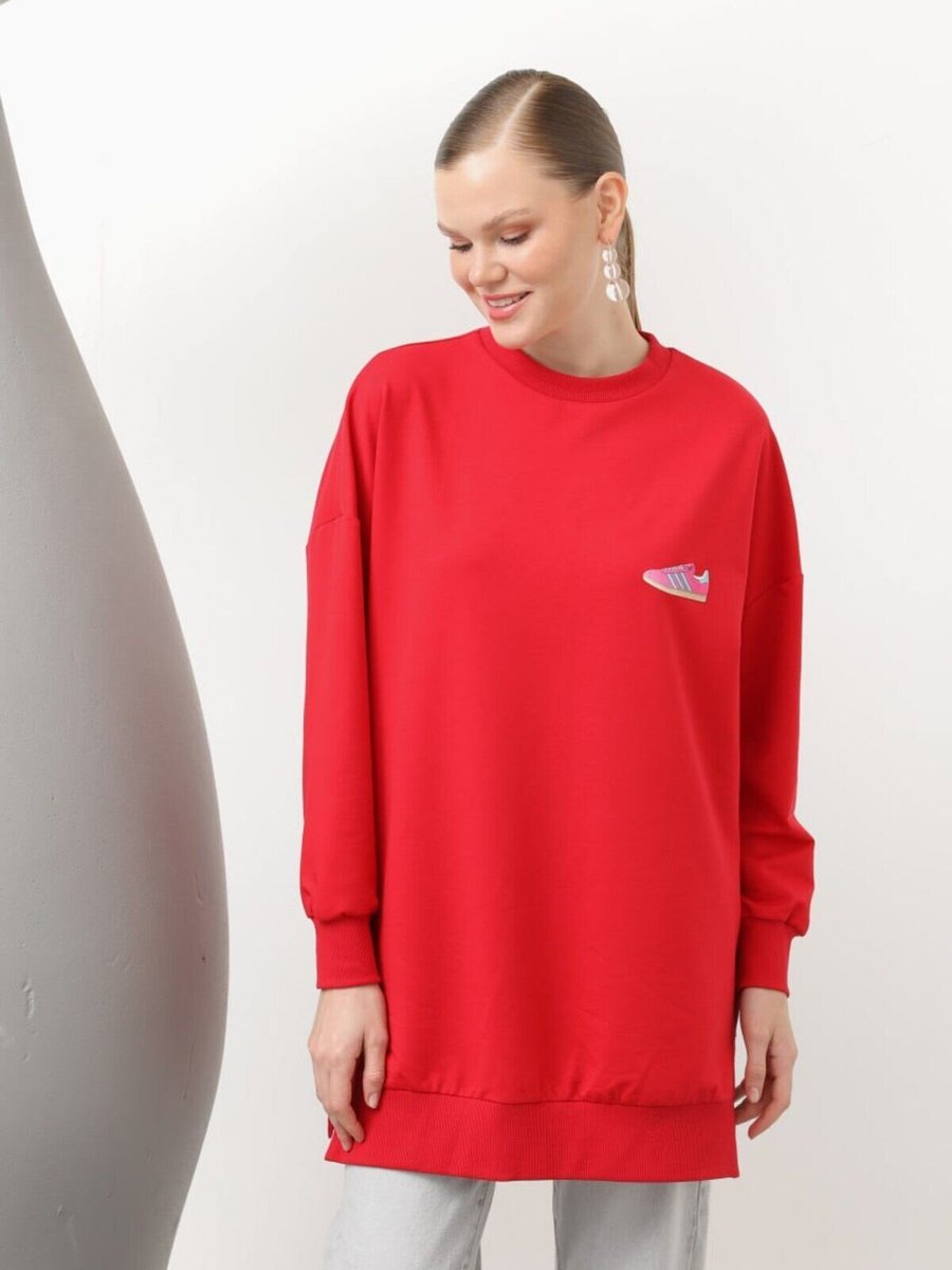 Puane Kırmızı İki İplik Kumaş Ayakkabı Baskılı Sweatshirt