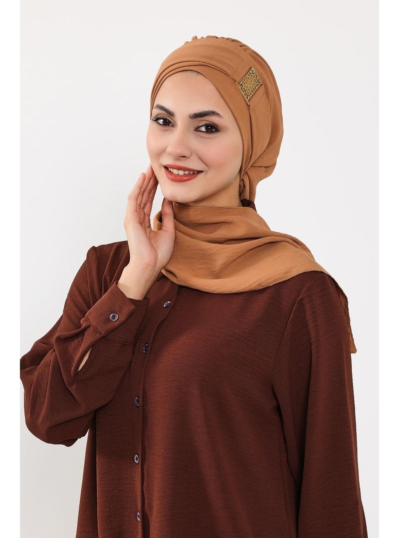 Aisha`s Design 11a Camel Gold Aksesuarlı Aerobin Kumaş Hazır Türban,ht