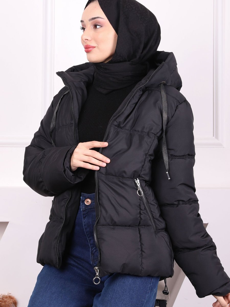 İmaj Butik Siyah Kapüşonlu Cepli Şişme Mont