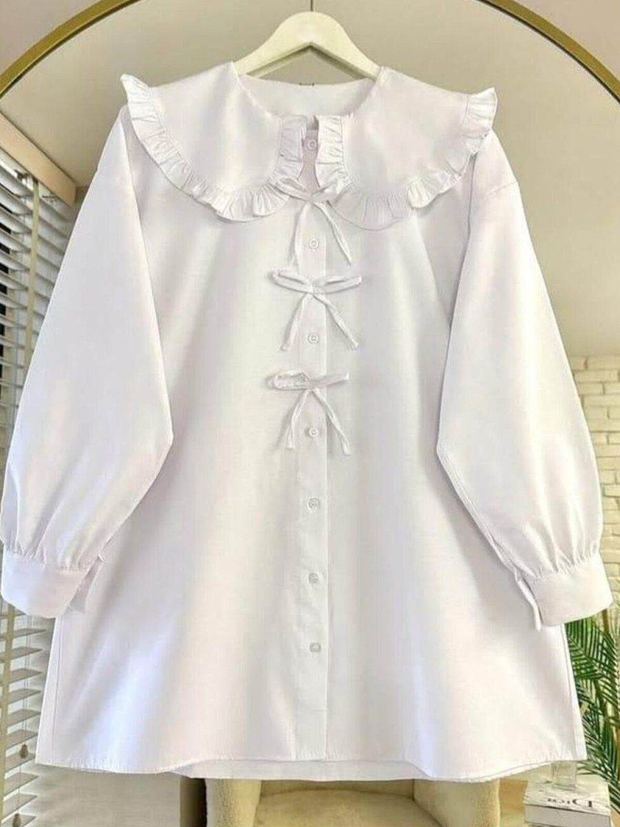 Nergis Neva Butik Beyaz Marul Yaka Fiyonklu Tunik