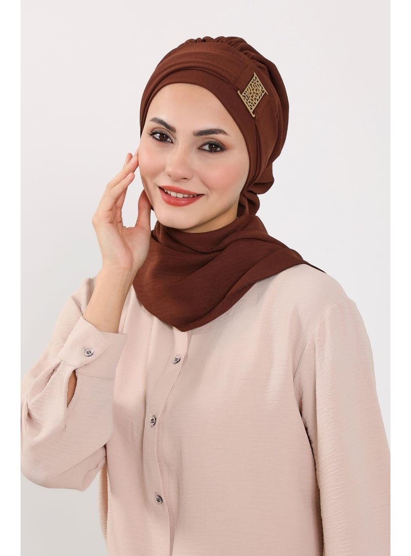 Aisha`s Design 11a Kahverengi Gold Aksesuarlı Aerobin Kumaş Hazır Türban,ht