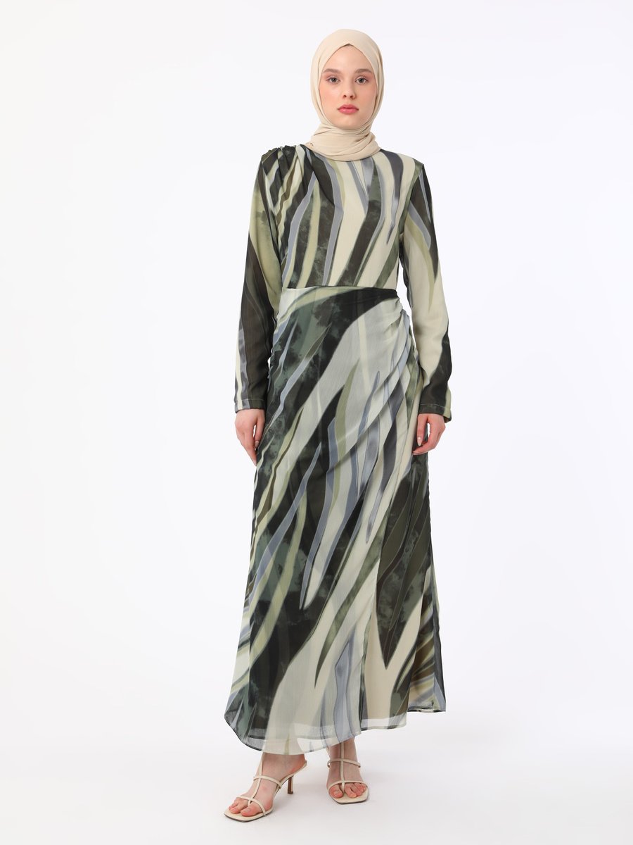 Refka Drape Detaylı Haki Zebra Desenli Elbise