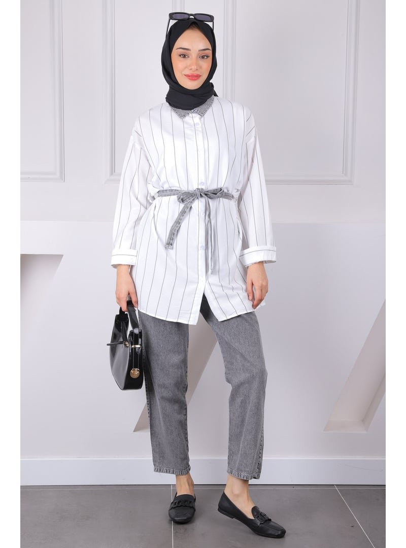 İmaj Butik Füme Bel Kuşaklı Kot Garnili Tunik Pantolonlu Takım