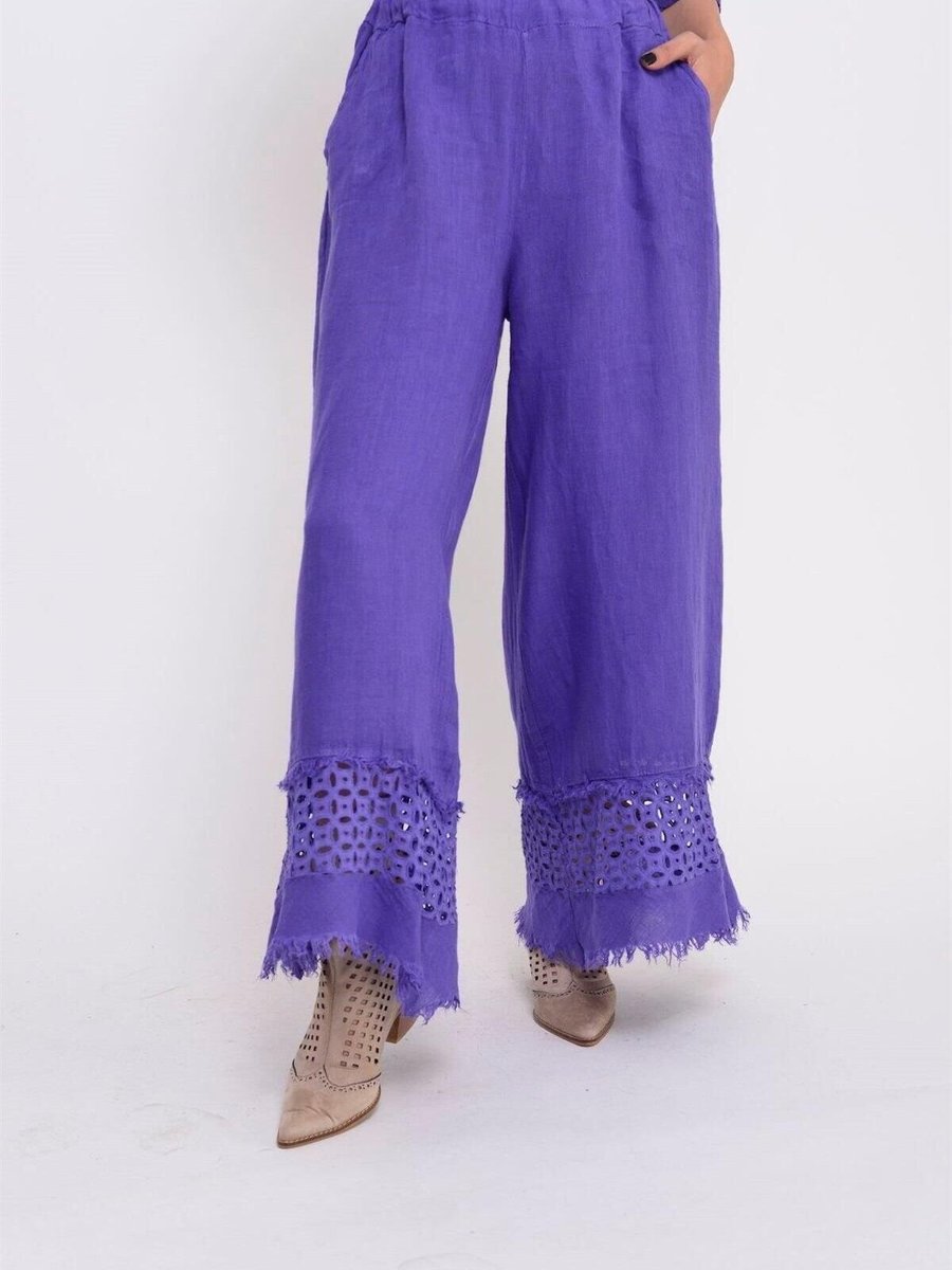 EREN STYLE Mor İtalyan Fisto Paça Detaylı Keten Pantolon