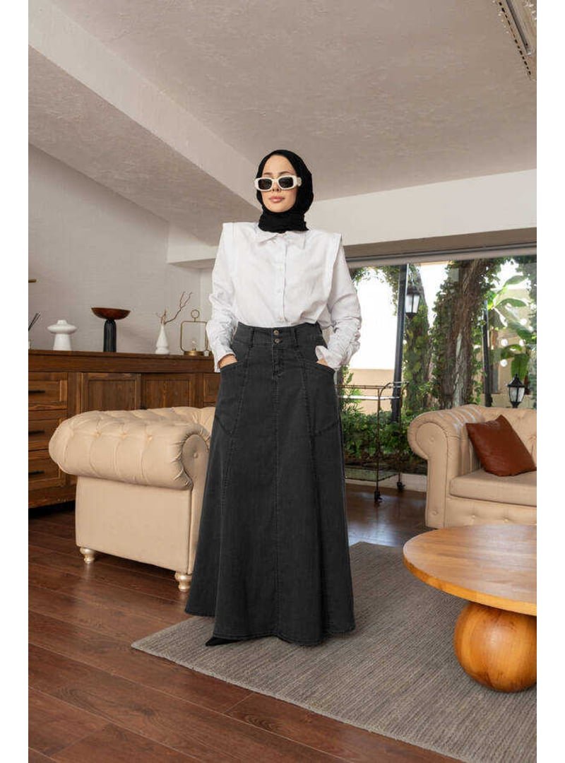 Neways Füme Denim Mevlana Parçalı Etek
