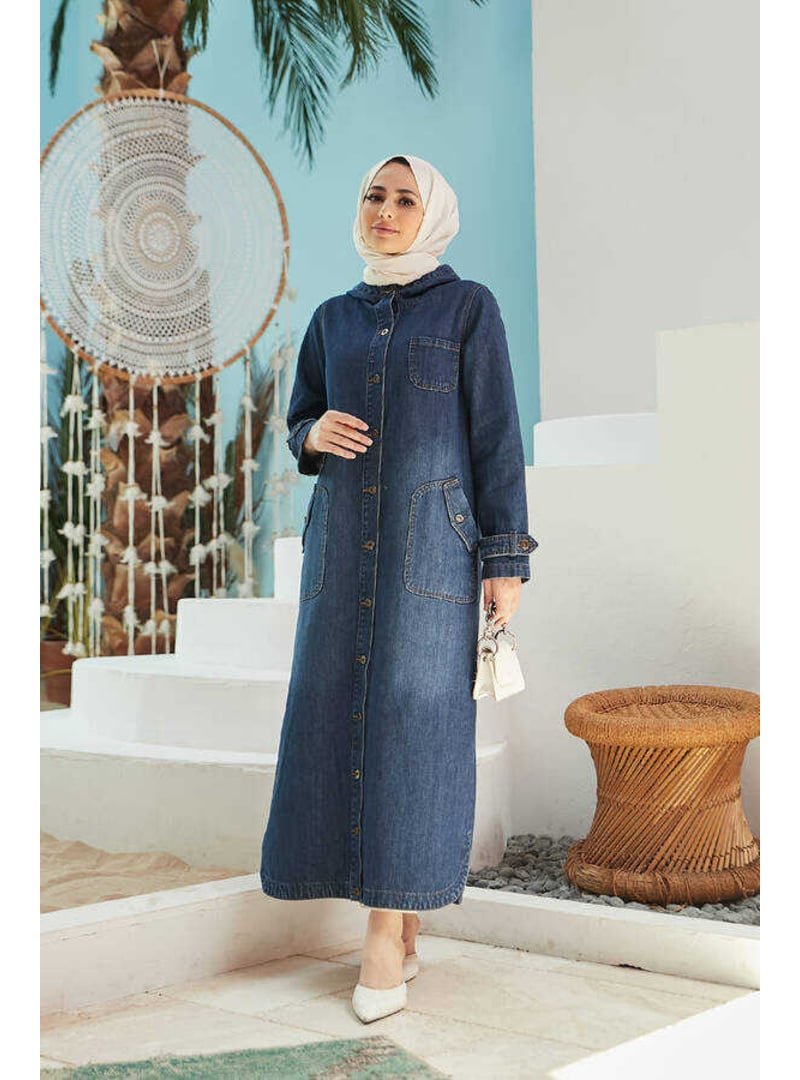Neways Koyu Mavi Denim Kapüşonlu Kap