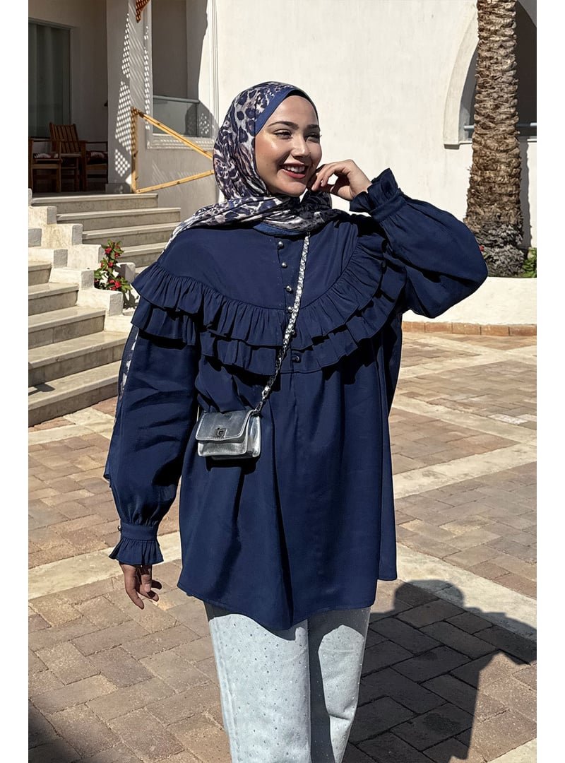 Locco Moda Lacivert Robası Fırfırlı Cupra Tencel Gömlek