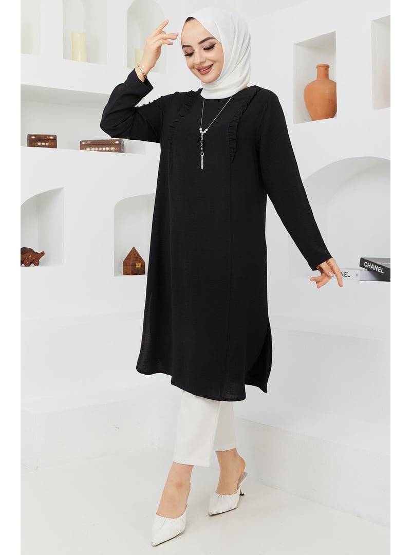 İmaj Butik Büyük Beden Yırtmaç Detaylı Fırfırlı Tunik/siyah