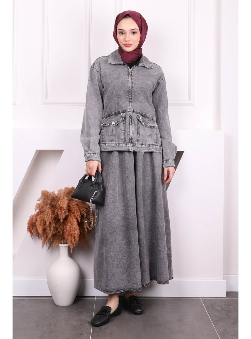 İmaj Butik Füme Cep Taşlı Ceket Etekli Kot Takım