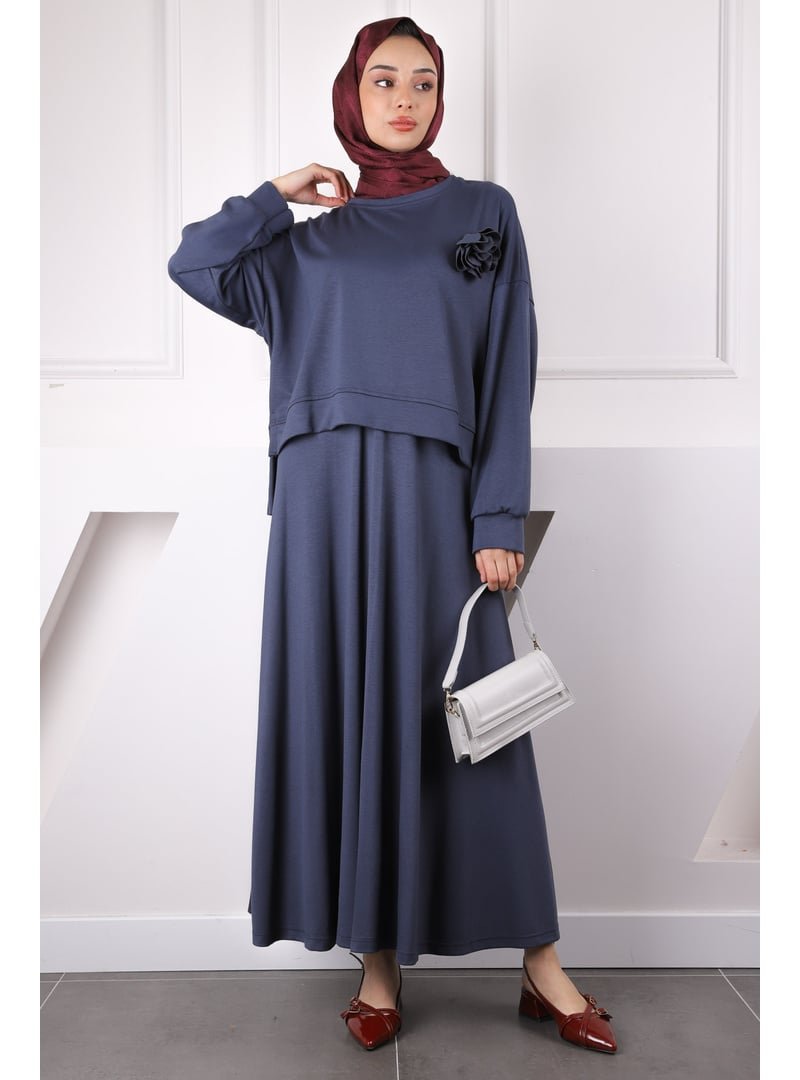 İmaj Butik Füme Gül Aksesuarlı Modal Sweat Etekli Takım