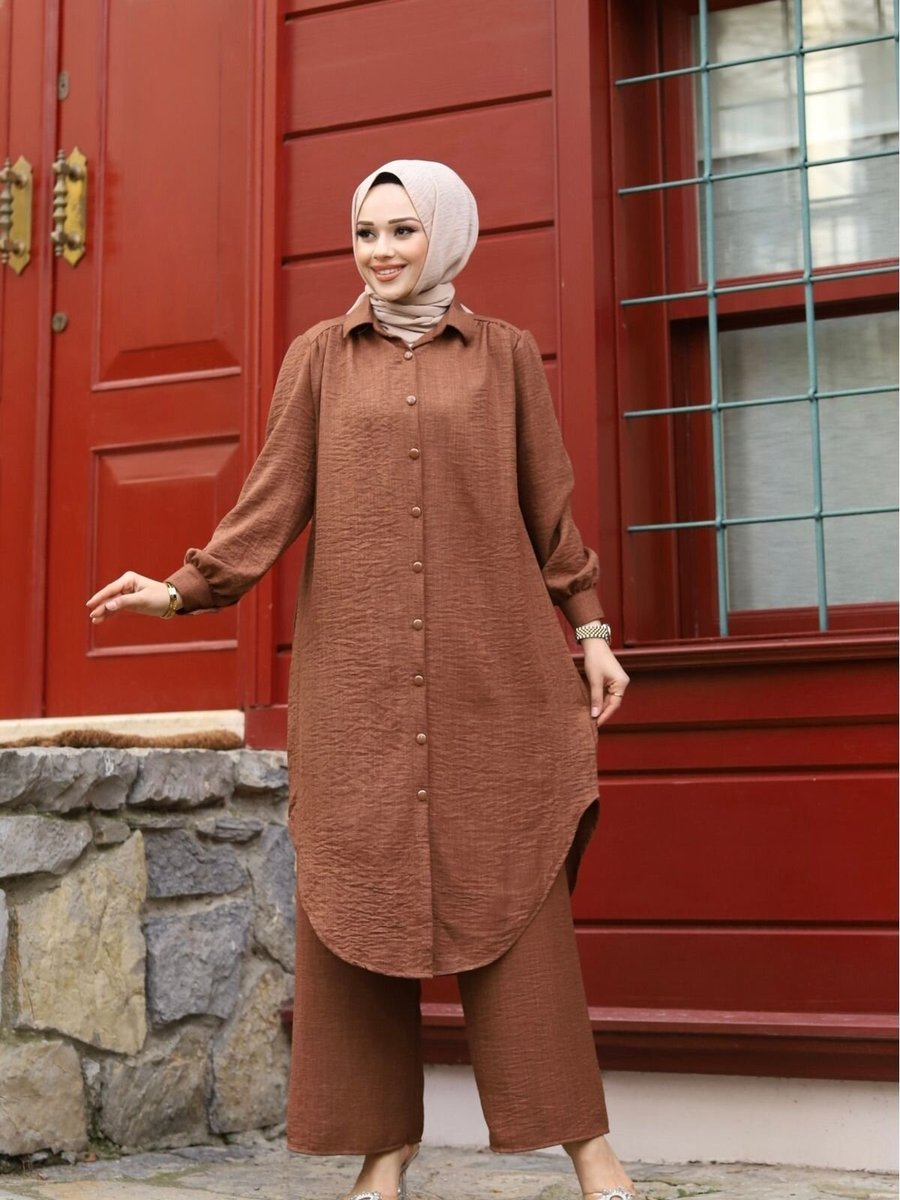 SFG Life Moda Kahverengi Yazlık Gömlek Yaka Ve Önü Düğmeli Keten Kumaş Uzun Tunik Pantolon İkili Takım