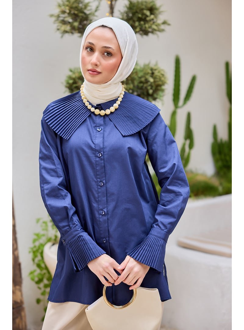 Locco Moda Lacivert Yaka Ve Kol Pilise Detaylı Gömlek