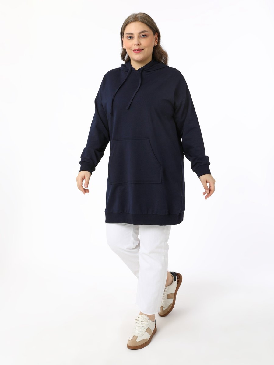 Alia Lacivert Büyük Beden Pamuklu Kapişonlu Sweatshirt