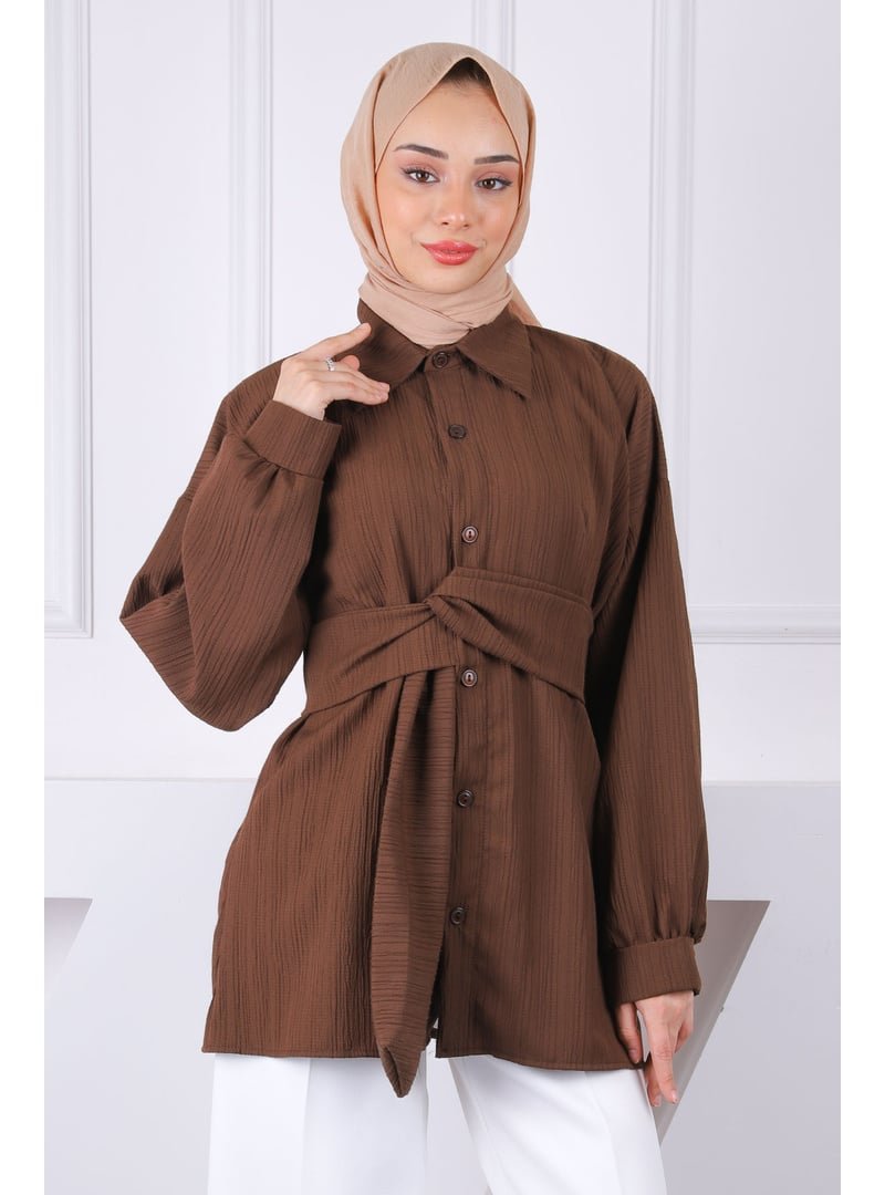 İmaj Butik Kahverengi Kuşak Detaylı Gömlek
