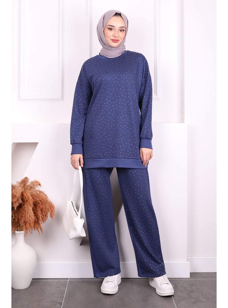 İmaj Butik İndigo Taş Detaylı Tunik Pantolonlu Oys Takım