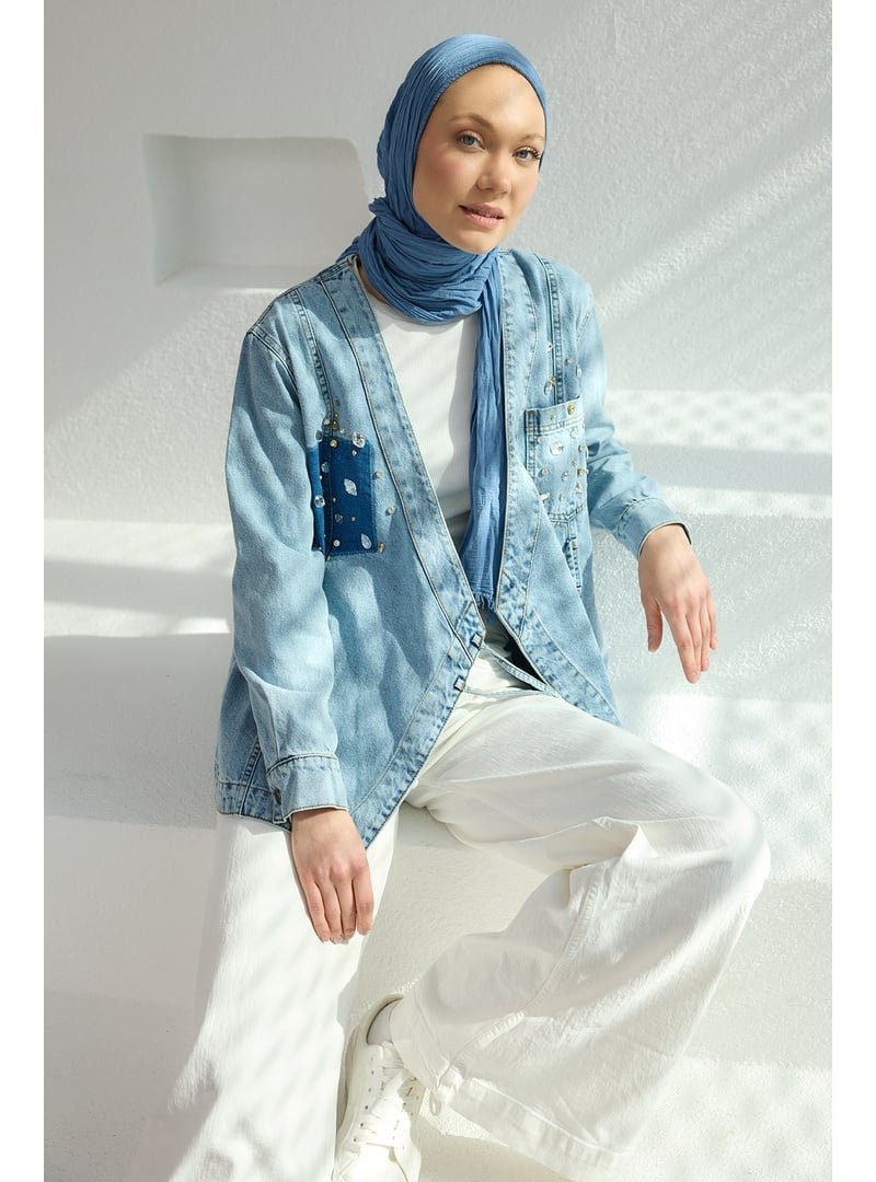 Locco Moda Mavi Taş Detay Kot Kimono