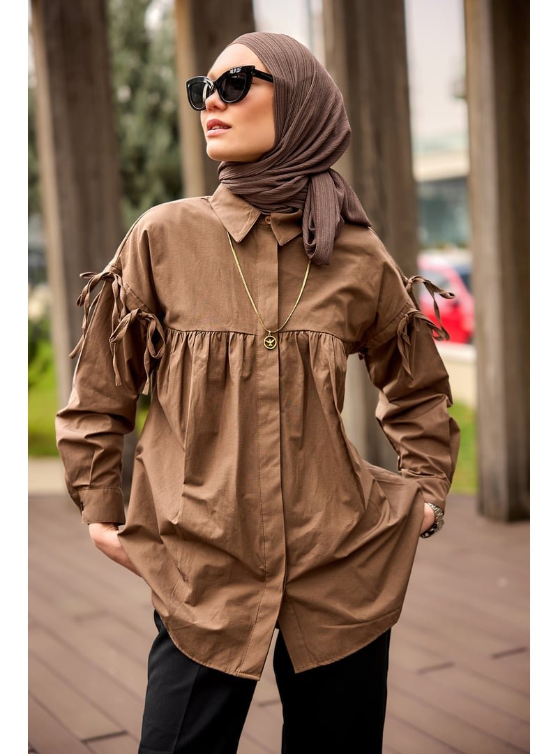 Locco Moda Kahverengi Kolu Bağcık Fiyonklu Gömlek