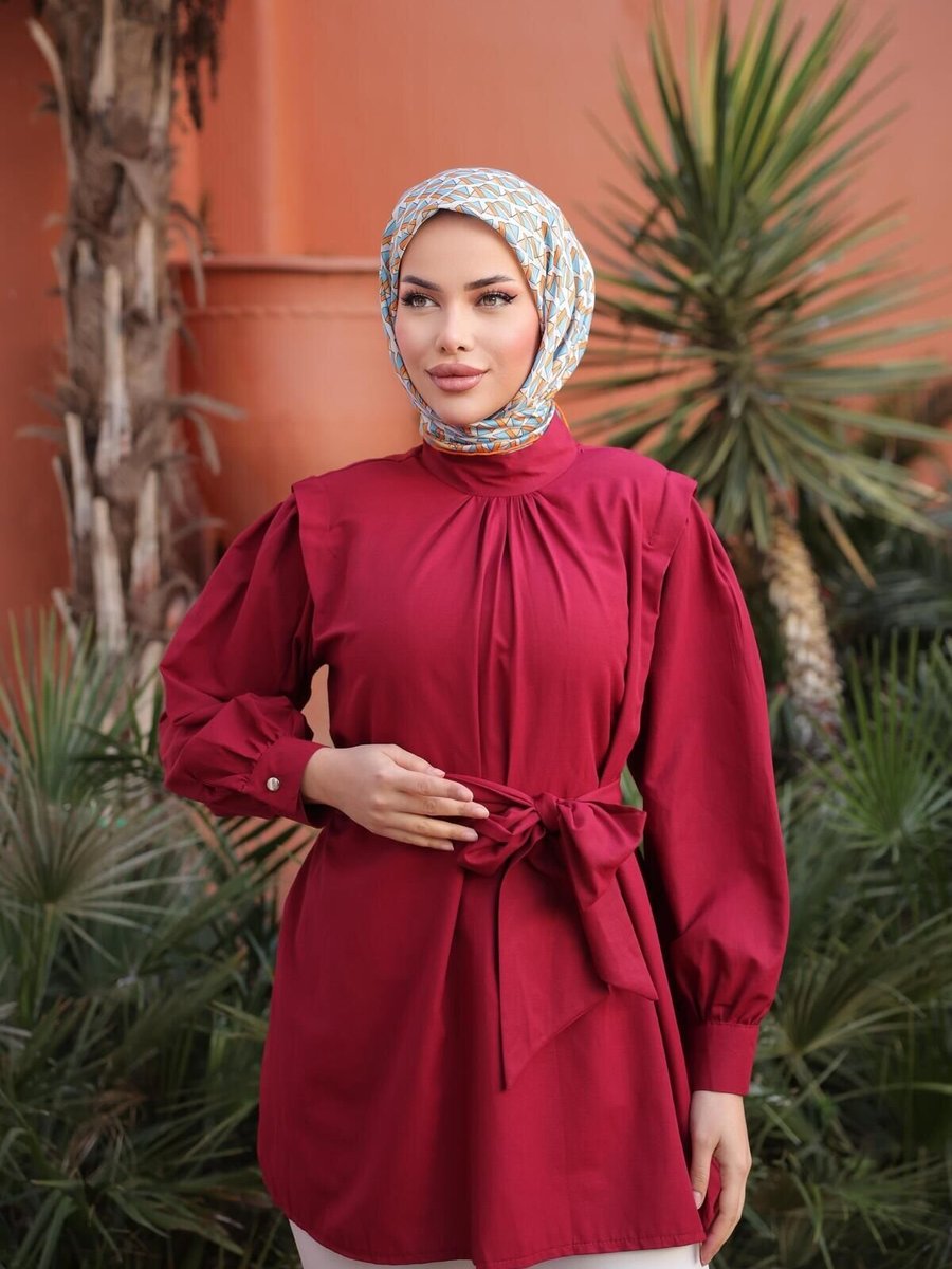 Nergis Neva Butik Bordo Önü Ve Kol Ucu Büzgülü Kemerli Tunik
