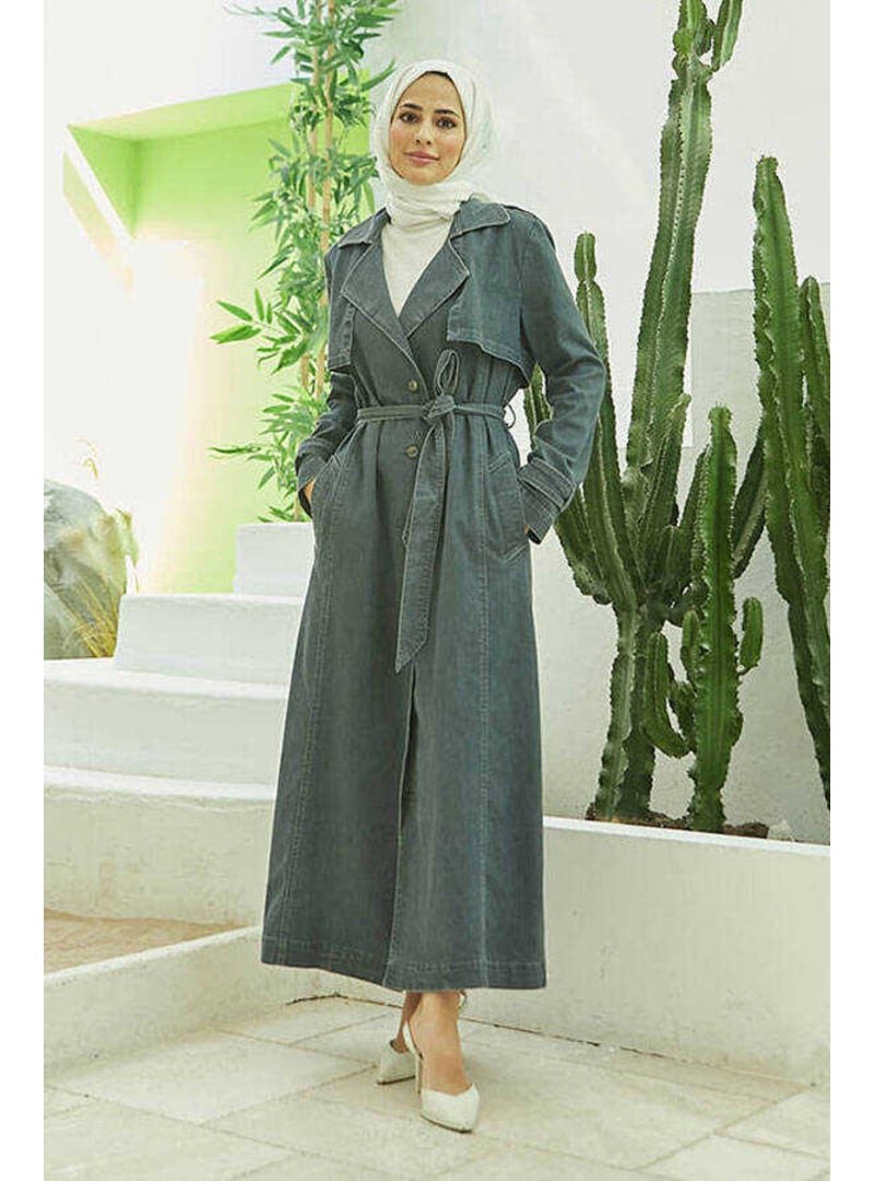Neways Koyu Gri Allerli Denim Trençkot